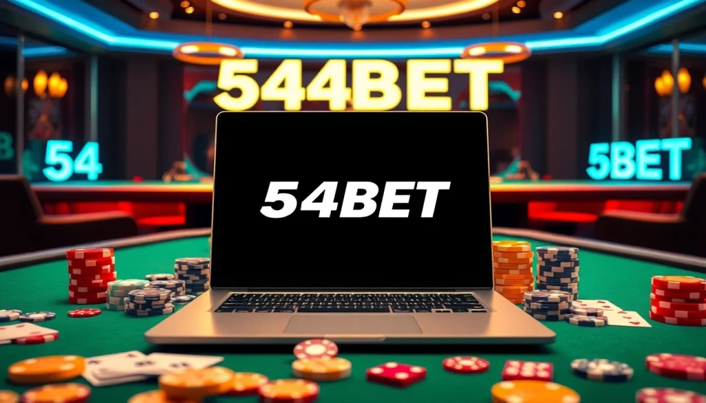 Experience the excitement of 54BET Download with vibrant casino elements and a sleek interface.