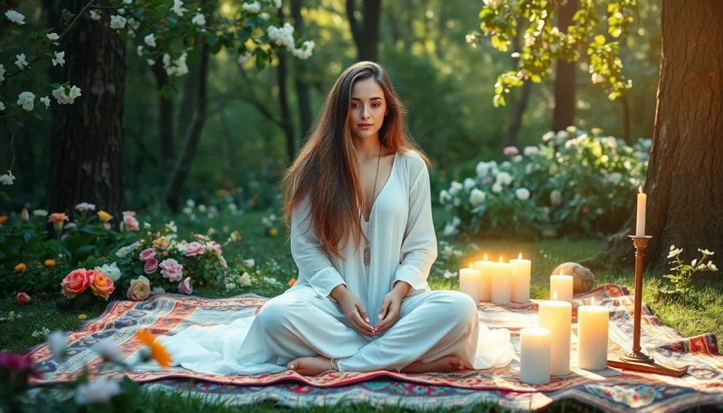 Experience intuitive energy readings at https://julielynn.co with a serene practitioner in a magical garden.