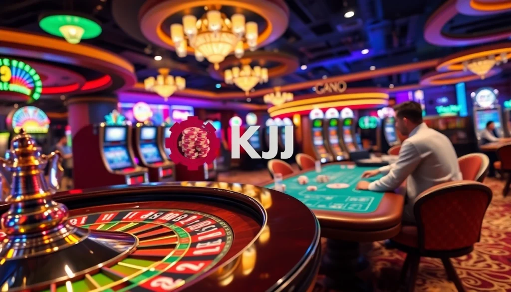 KJC casino scene with poker chips and roulette wheel showcasing a luxurious gaming experience.