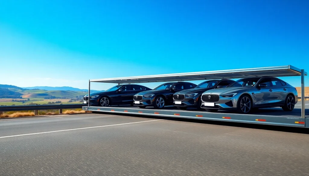 Showcase of premium vehicle transportation at https://luxuryautocarriers.com with an enclosed carrier and luxury cars.