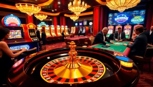 Engaging scene of주소모음 at a luxurious casino with roulette, poker tables, and excited players.