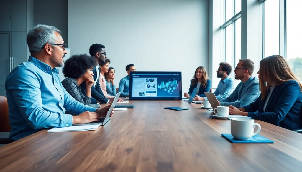Business professionals collaborating in a modern conference room setting.