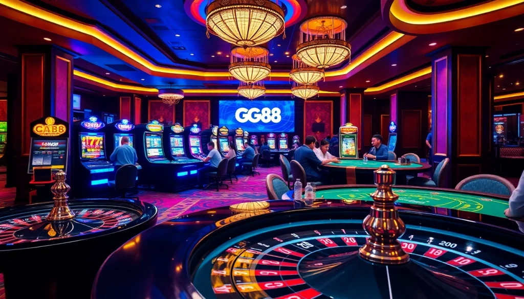 Gamblers enjoying an exciting gaming experience at GG88 casino with vibrant tables and lively atmosphere.