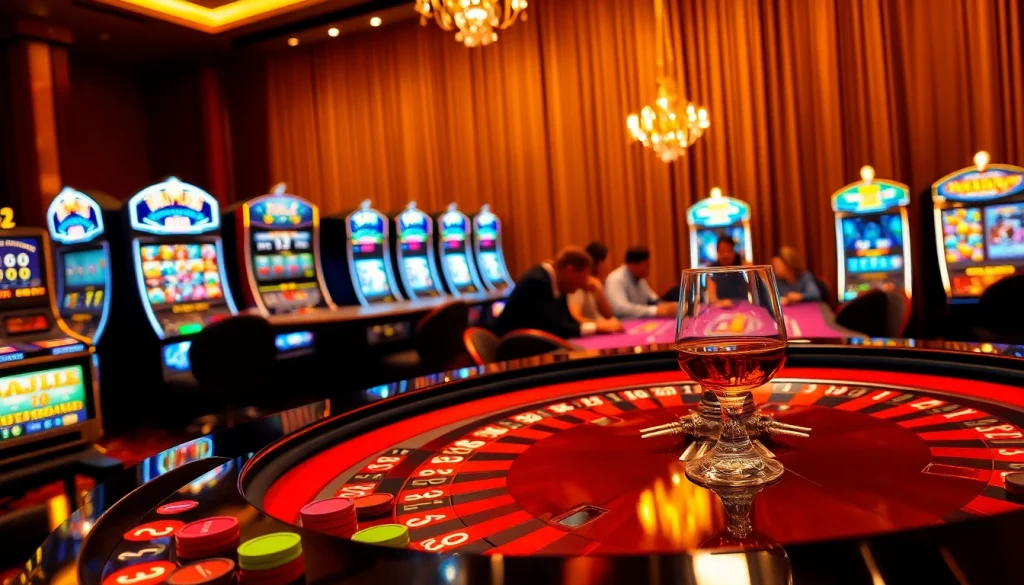 Engage in high-stakes gaming at a luxurious casino featuring s8 elements with roulette and poker tables.