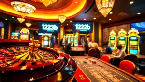 Enjoy thrilling gaming experiences at 123b casino with exciting slot machines and a vibrant roulette table.