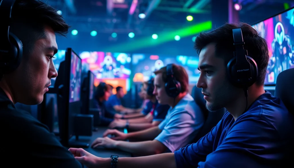 Gamers on https://www.gamelevate.com engaged in an intense esports tournament