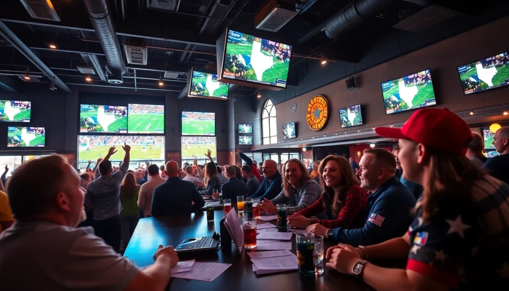 Exciting sports betting in Texas bar showcasing fans cheering in a lively atmosphere.