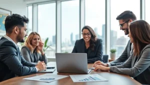 Business professionals collaborating in a modern meeting room.