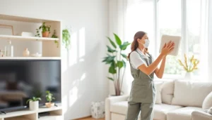 Efficient cleaning service showcasing a skilled cleaner dusting in a bright living room setting.