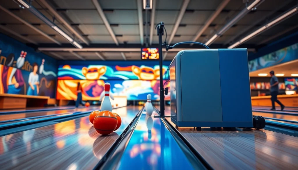 String bowling manufacturer showcasing advanced EV99 technology in a modern alley.