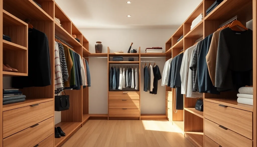 Closets feature elegant shelving and organized space for clothing and accessories.
