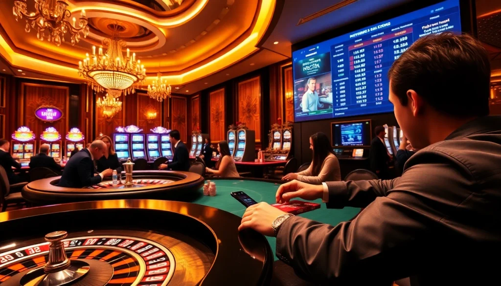 Engage in thrilling gaming action at https://thabetc.net/ featuring a vibrant casino atmosphere with roulette tables and poker chips.