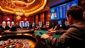 Engage in thrilling gaming action at https://thabetc.net/ featuring a vibrant casino atmosphere with roulette tables and poker chips.