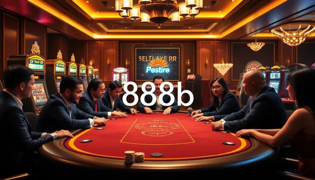 Engage in high-stakes poker at the luxurious gaming table featuring 888b and vibrant casino elements.