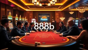 Engage in high-stakes poker at the luxurious gaming table featuring 888b and vibrant casino elements.