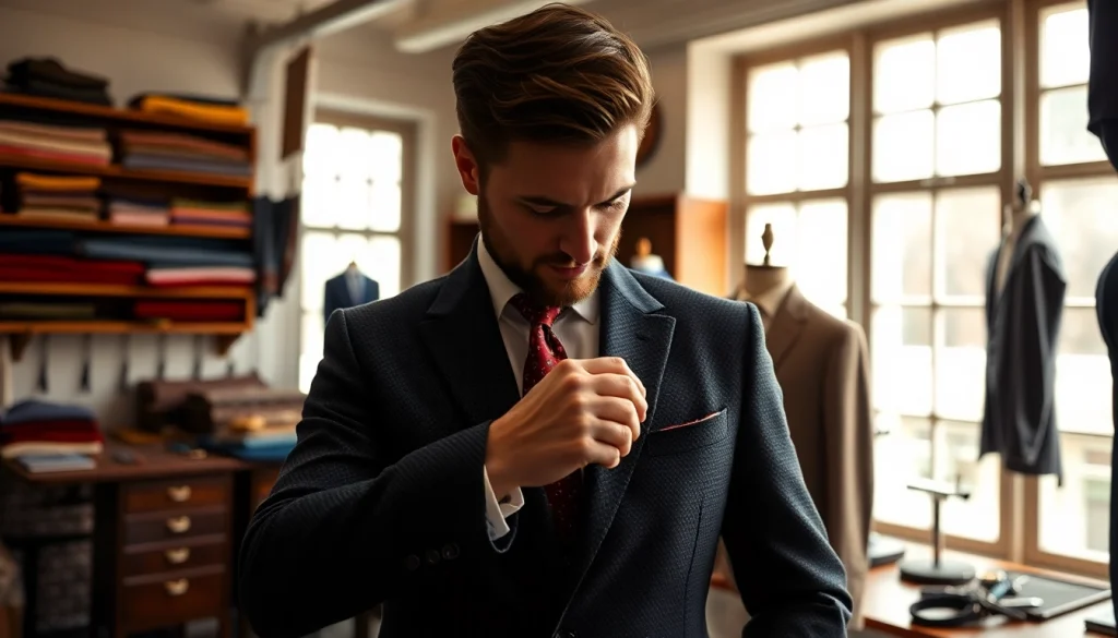 Crafting bespoke custom made suits with tailored precision in a refined workshop setting.