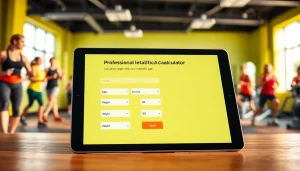 Calculate your metabolic age calculator using a modern fitness app displayed on a tablet in a gym.
