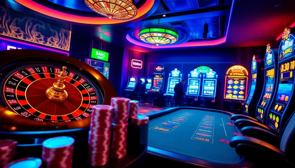 Immerse in the thrilling gaming ambiance of https://mm88.how/, showcasing vibrant casino elements and action.