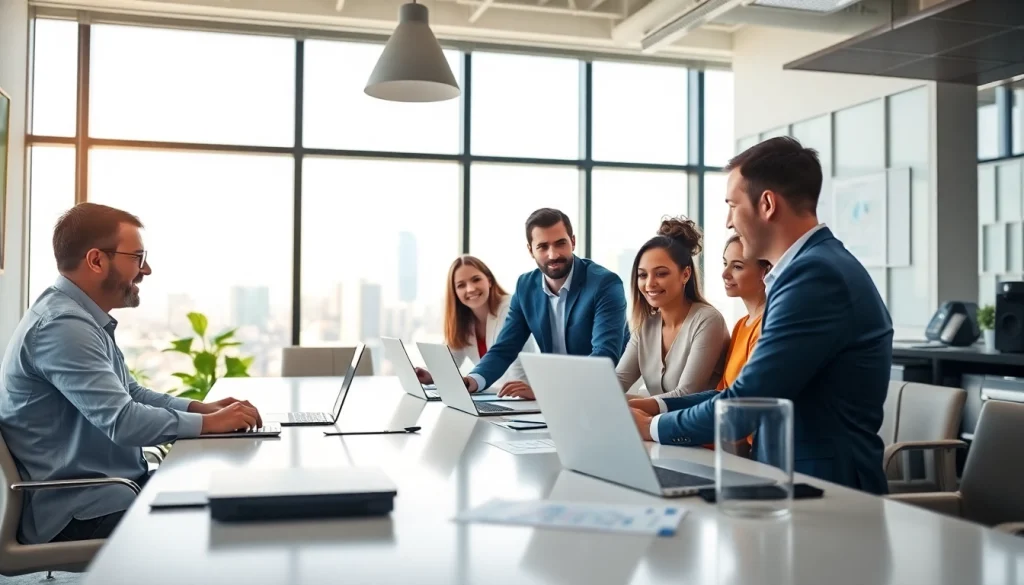 Collaborative team in a professional marketing agency setting with a modern design.