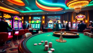 I9bet players enjoying a thrilling casino experience at a vibrant poker table with chips and cards.