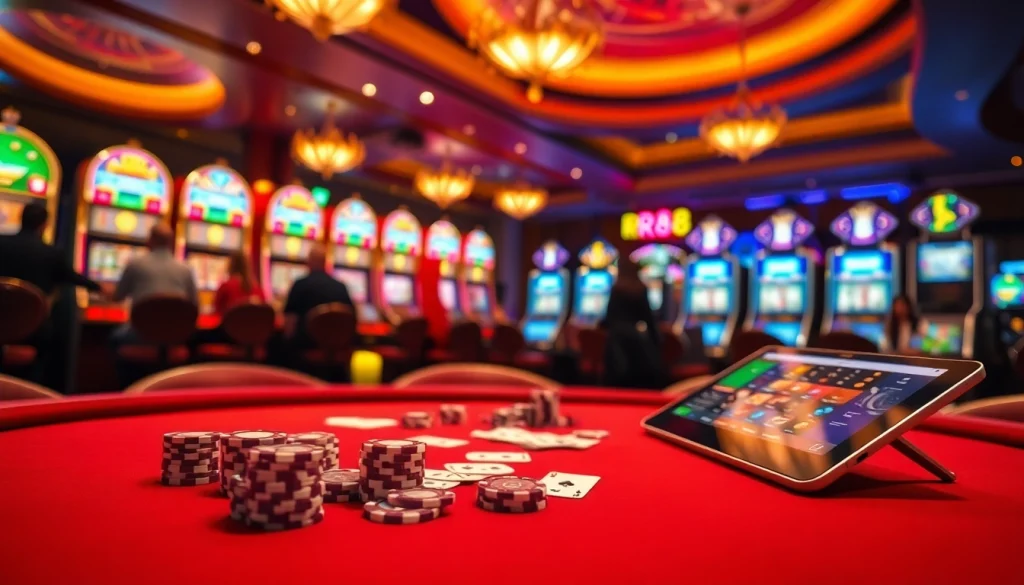 Experience the thrill at RR88 with a vibrant poker table scene and luxurious casino elements.
