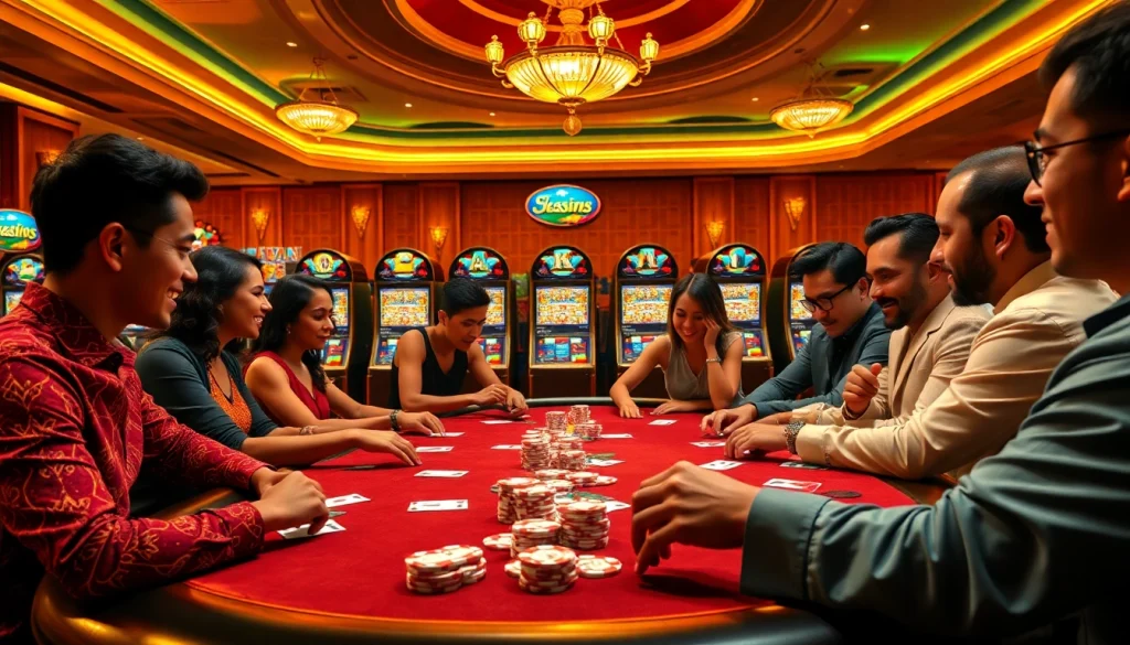 A group enjoys an exciting poker game at a luxury casino table, showcasing https://luck8.name/ gaming experience.