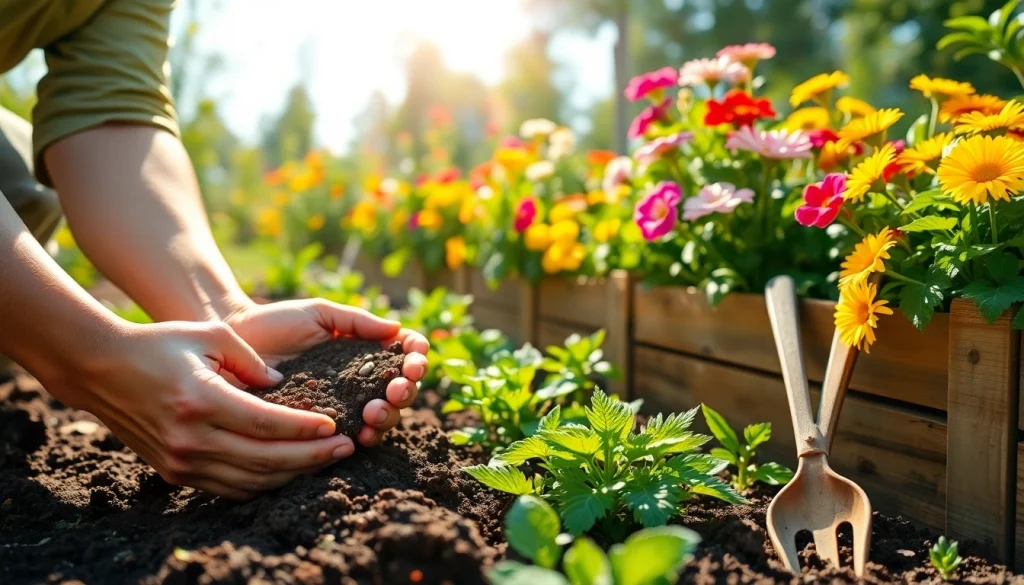 Gardening scene with a gardener planting seeds in vibrant vegetable beds.