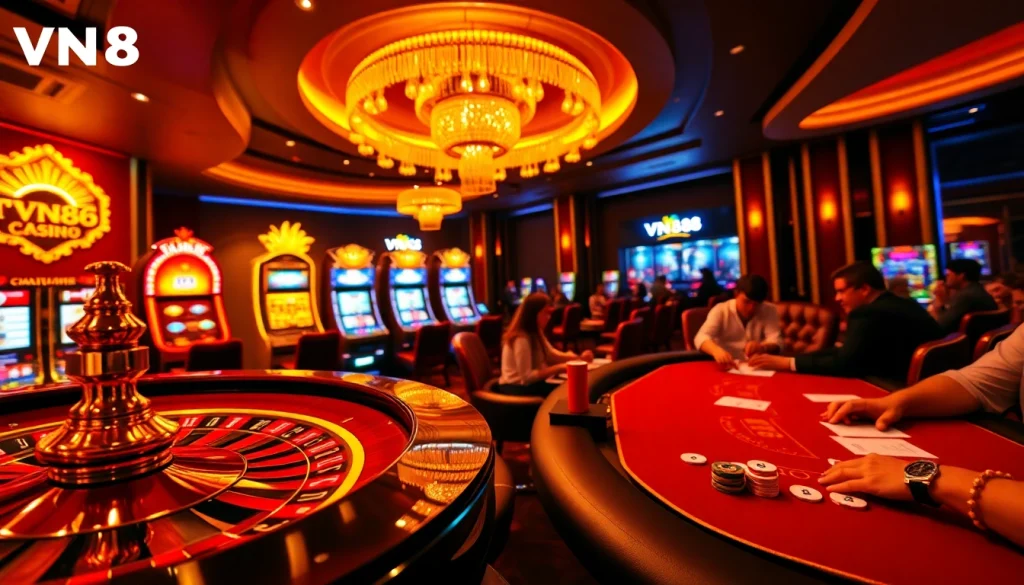 Experience the excitement of gambling at VN88 with players celebrating wins and engaging at a poker table.