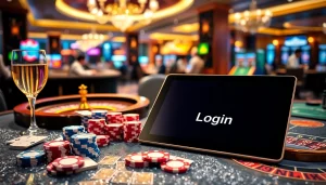 Engage with 733bet Login in an immersive casino atmosphere featuring poker chips and a roulette wheel.