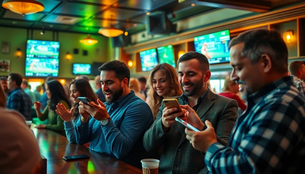 Engaged bettors discuss sports betting in California in a vibrant sports bar atmosphere.