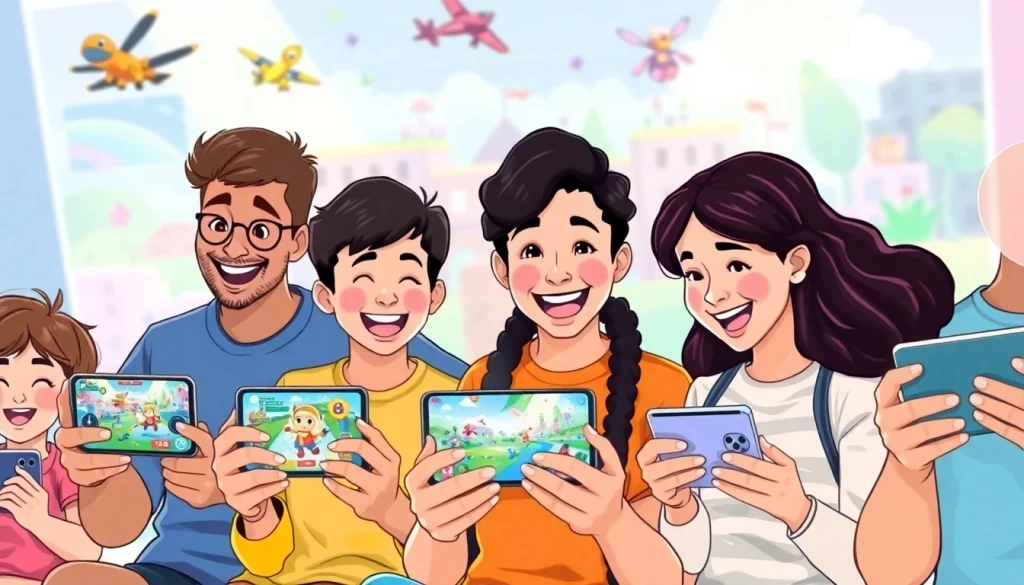 Players engaging with Jawal Games on mobile devices in a vibrant gaming atmosphere.