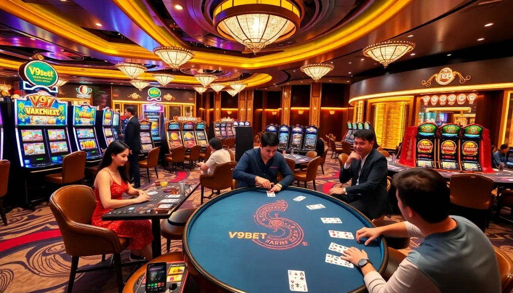 Experience the thrilling action of V9bet's casino games with vibrant slot machines and engaging poker tables.