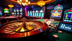 Experience thrilling gameplay at 32WIN with vibrant roulette and poker table action.