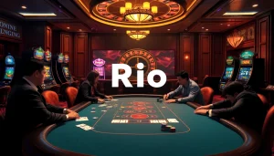Login interface for Rio Online Casino with roulette and poker highlights