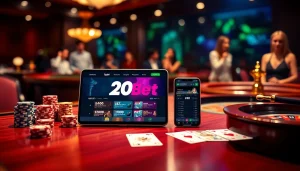Experience the 20bet Login with vibrant casino visuals of poker chips, cards, and roulette.