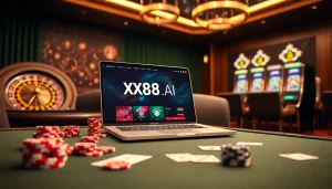 Engaging gamblers with a professional scene featuring XX88.AI's online gaming interface amidst luxurious casino elements.