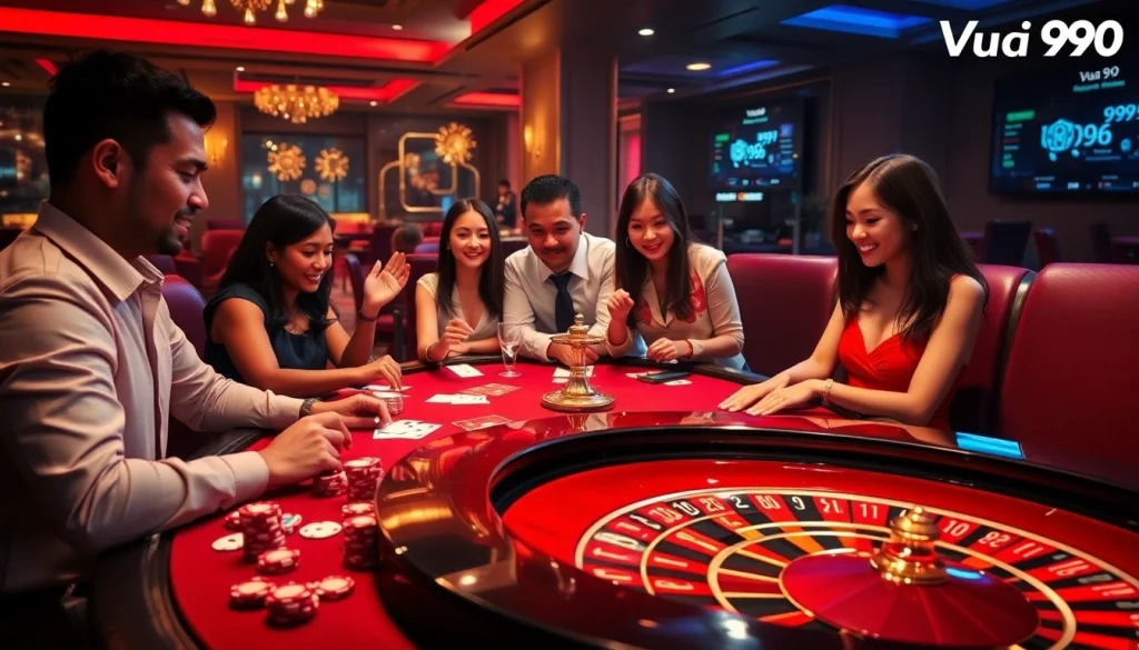 Intense excitement at a Vua99 online casino table with poker chips and digital gaming interface.