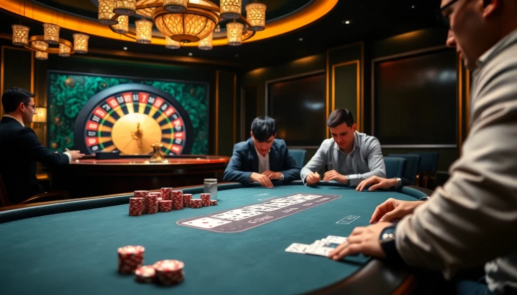 KJC poker table showcasing a high-stakes game with vibrant chips and a roulette wheel.