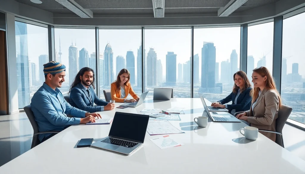 Dynamic team discussing strategies at an Accounting firm in Abu Dhabi, highlighting professionalism and collaboration.