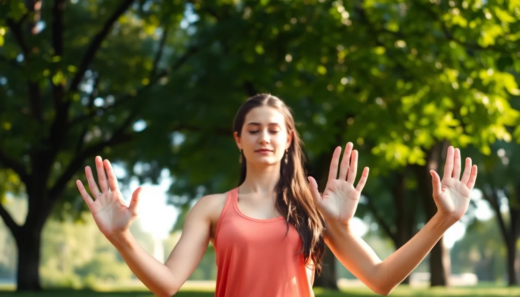 Practicing Yoga mudras with hand gestures in a tranquil outdoor setting.