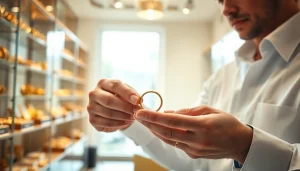 Goldankauf Hannover: Juwelier bewertet einen goldenen Ring in einem eleganten Geschäft.