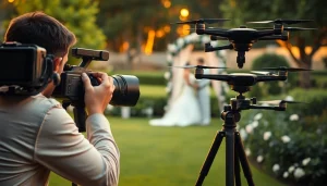 Videographer capturing a wedding moment in beautiful outdoor garden setting.