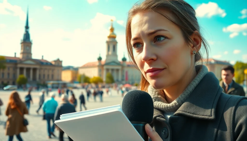 Звіт сумських новин на https://sumytoday.in.ua, журналіст з мікрофоном у життєвому місті.