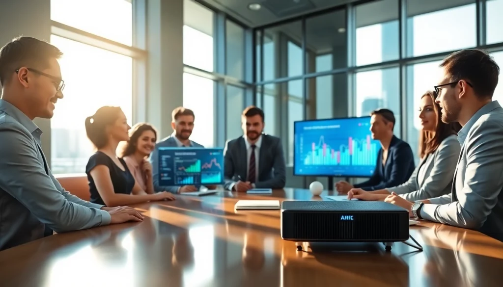 Business professionals collaborating in a modern office setting with a projector.