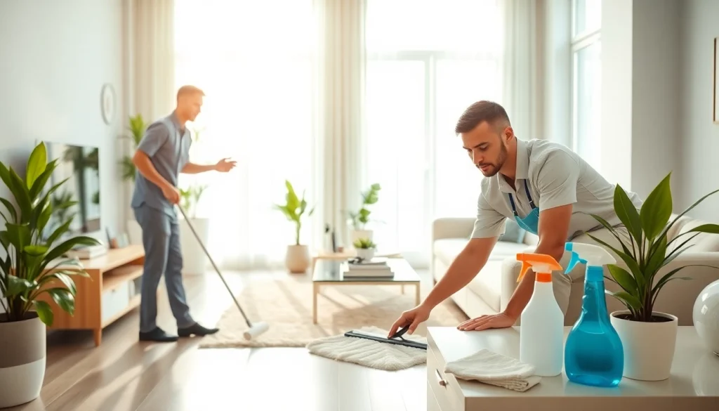 Showcase a professional cleaning service meticulously dusting a modern living room.