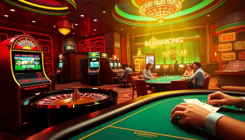 RAJABARONG showcases players engaging with dazzling slot machines in a luxury casino environment.