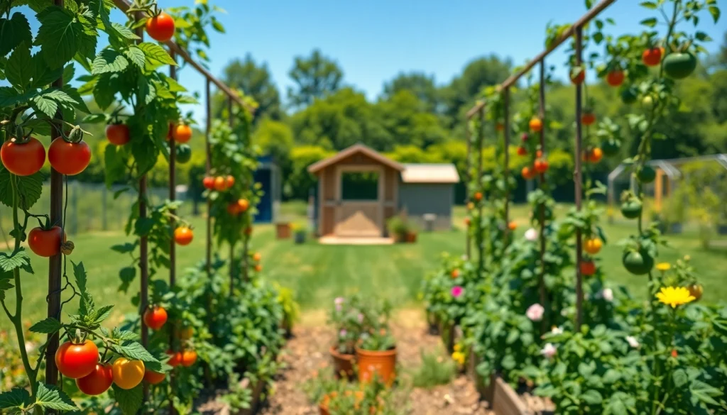 Gardening setup showcasing vibrant vegetables and fruits flourishing in a sunlit backyard.