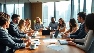 Engage in business collaboration during a meeting with diverse professionals.