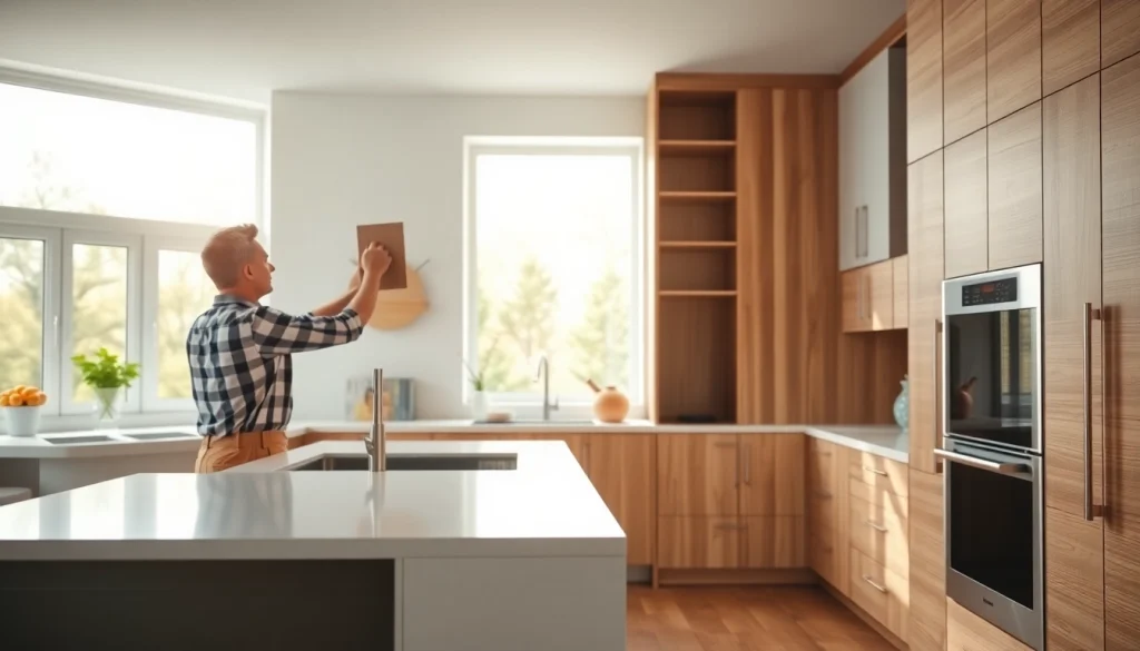 Showcasing home renovation with a professional installing kitchen cabinets in a stylish setting.