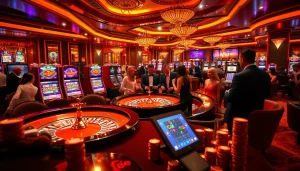 F168 players enjoying vibrant roulette and slot machines in an elegant casino setting.